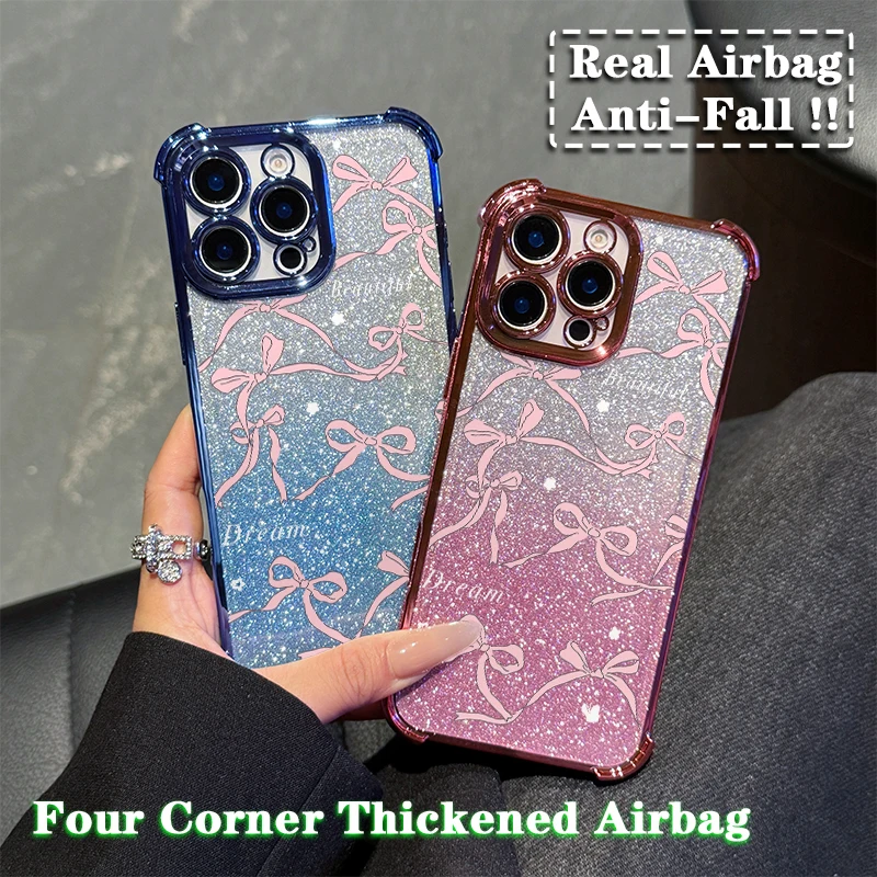 Ins Pink Ribbon Bow Plating Case for Xiaomi 14 14Pro 13 13Pro Poco F4 F5 X5 X3 4G 5G Shockproof Anti Fall Cover