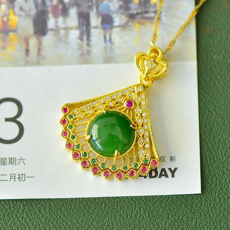 Copper Inlaid Hetian Jade Jasper Duobao Jade Fan Fashion Pendant Niche Light Luxury Women's Models