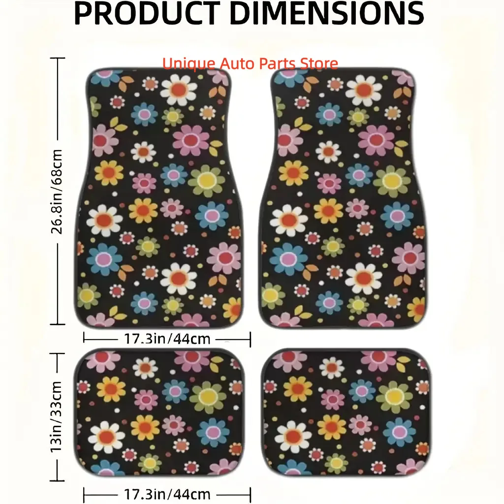 4pcs Universal Floral Car Floor Mats- Durable, Fits Most Cars, Sedans, SUVs- Peace and Flower Design