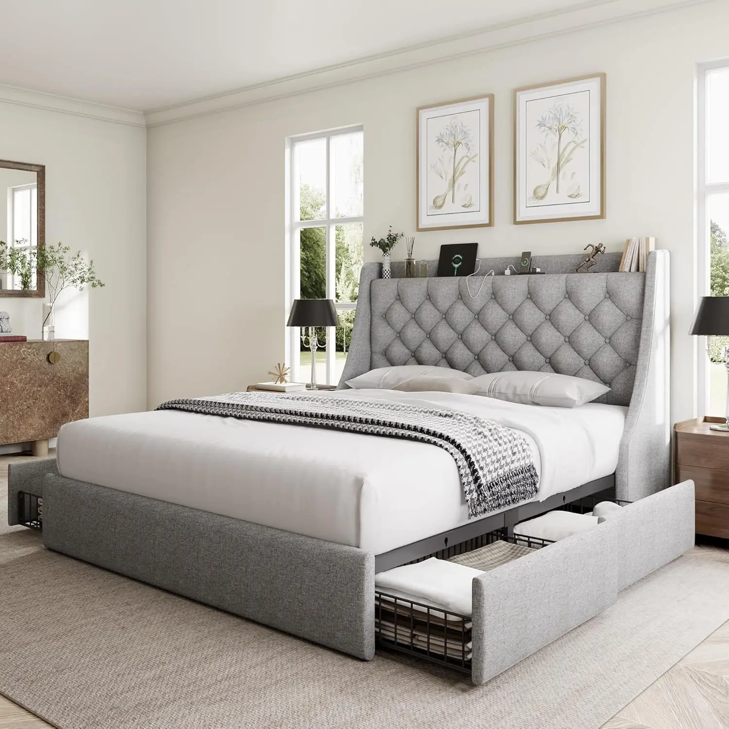 Queen Upholstered Platform Bed Frame with Storage Drawers & Charging Station, Wingback Headboard, No Box Spring Needed, Noise-Fr
