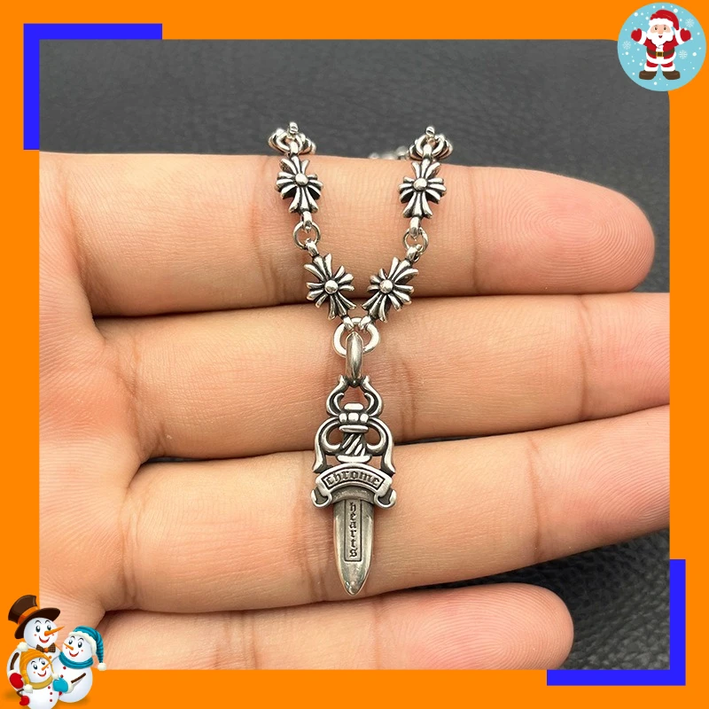 Premium Retro Sword Necklace Men's and Women's Cross Flower Chain Classic Integrated Chain Men's Domineering Old Model