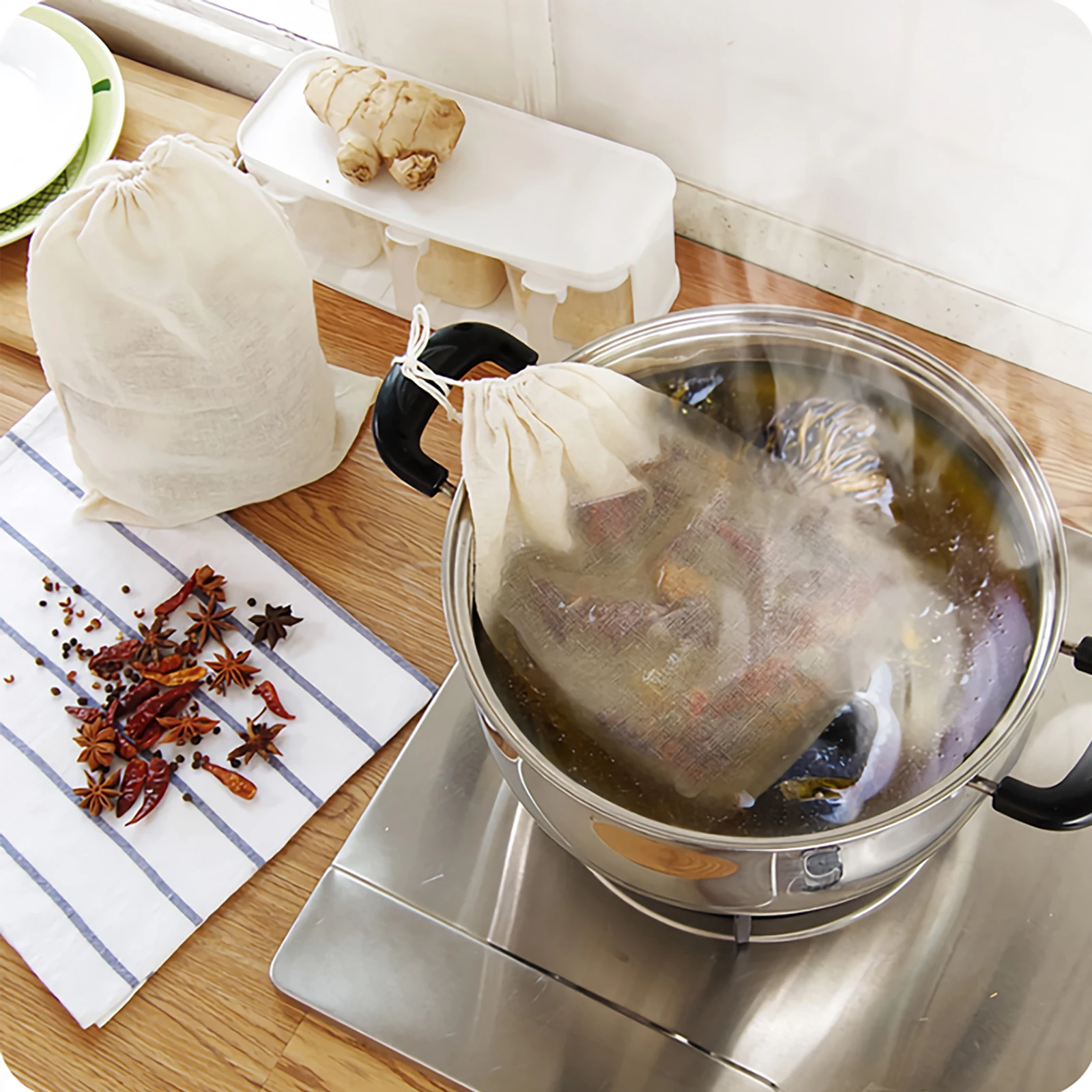 

7Pcs Cotton Filter Pouch Reusable Drawstring Strainer Bag for Soup Broth Spice Tea Coffee Herbal Medicine Stew Infusion