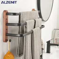 Three Rods Walnut Solid Wood Space Aluminum Towel Rack Bathroom Accessories Shower Towel Bar Wall Mounted Black Towels Shelves