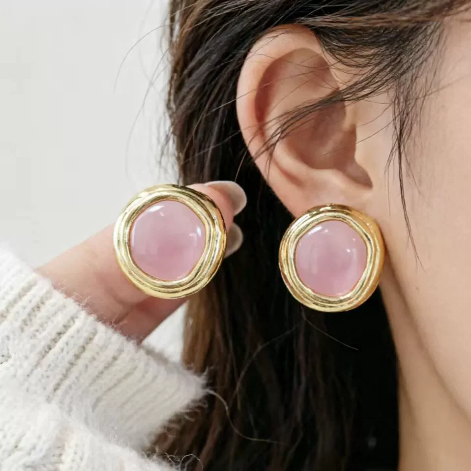 Big Round Pink Opal Stud Earring Female Simple Exaggerated Resin Jewelry Wedding Best Christmas Gift