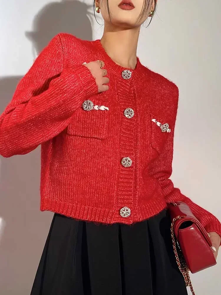 chic diamonds women cardigan sweaters elegant fashion long sleeve knitted short jacket korean casual design female fall top