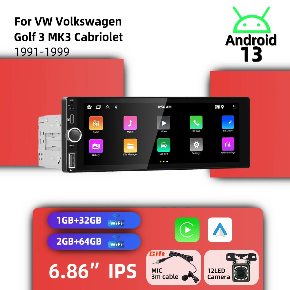 

Автомобильный мультимедийный головное устройство 6,86 дюйма 1Din для VW Volkswagen Golf 3 III MK3 Cabriolet 1991-1999 Android System Carplay Android Auto GPS
