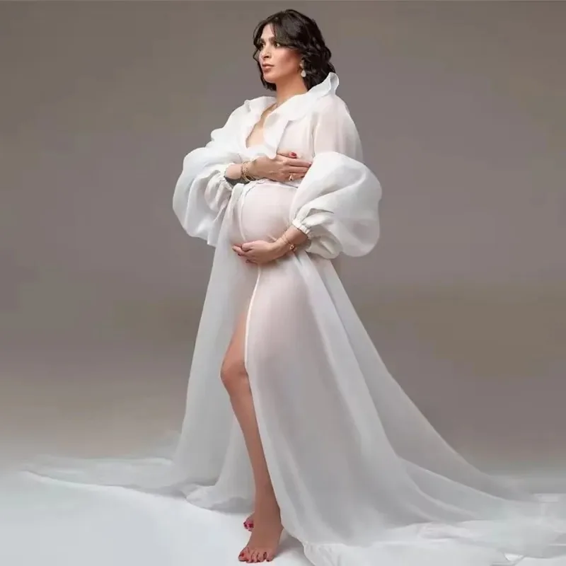 Boho Umstands-Fotoshooting-Chiffonkleid mit Rüschenhals, Laternenärmeln und Krawattenkordel, Schwangerschaftsrobe für die Babyparty