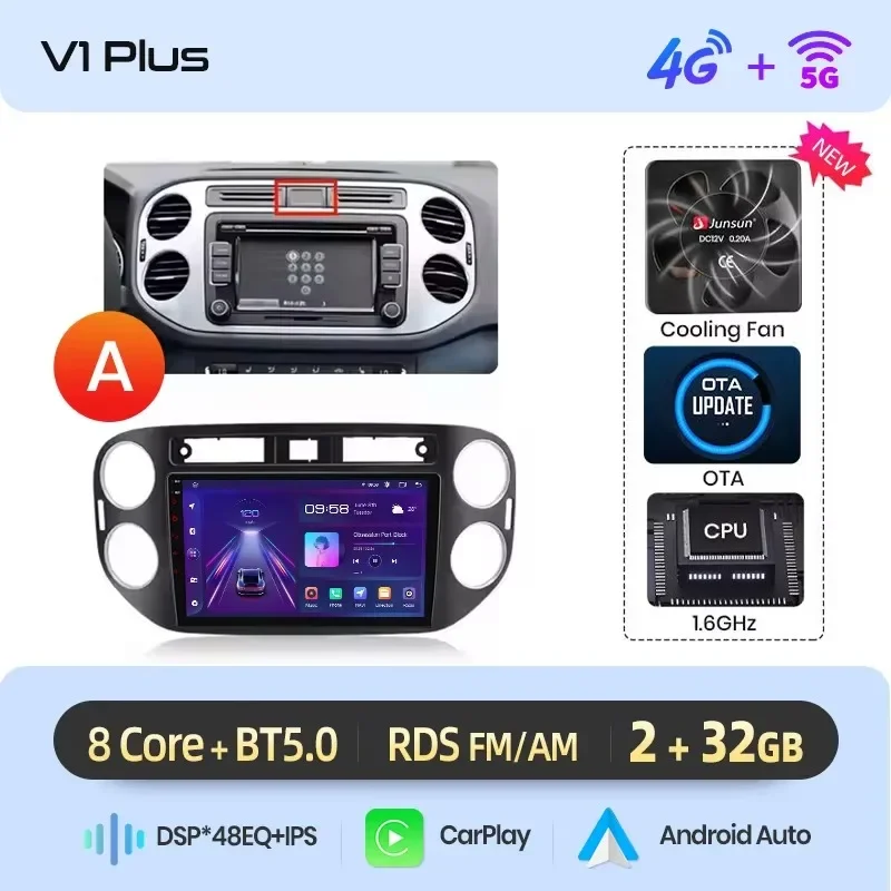 Junsun draadloze CarPlay Android Auto autoradio voor Volkswagen (VW) Tiguan Mk1 (5N) 2007-2016 met ingebouwde koelventilator, Android GPS navigatie, multimediaspeler, WiFi, DSP, RDS, BT, SWC, IPS