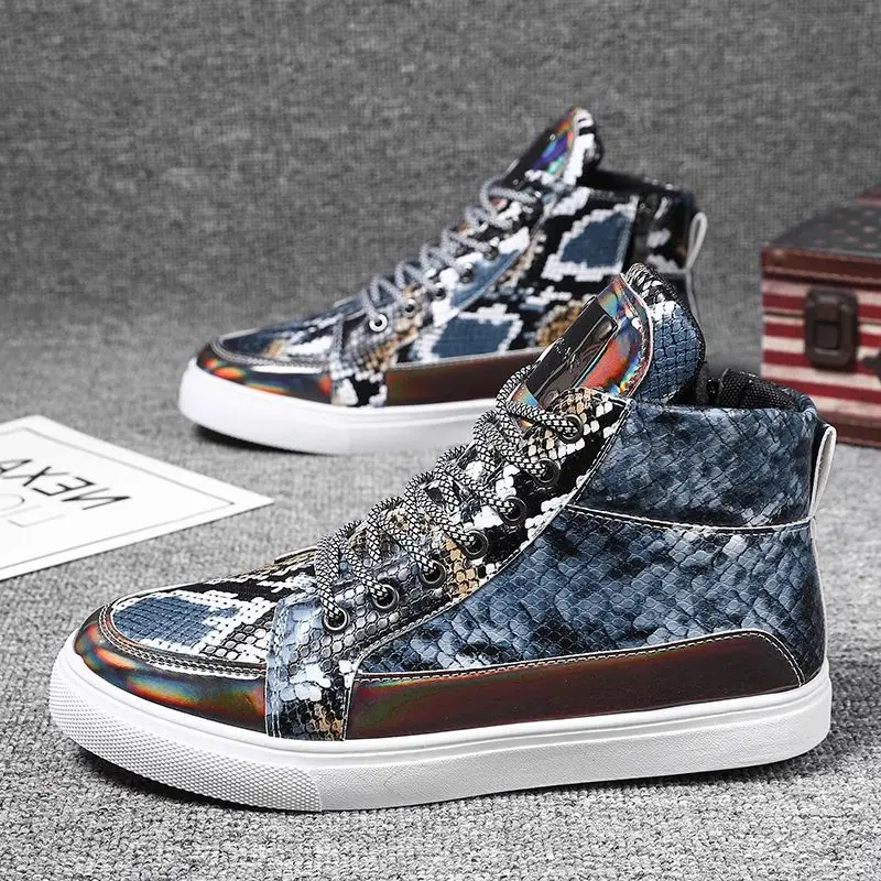 New Design Silver Men High Top Sneakers Fashion Snake Leather Men Vulcanized Shoes Comfortable Anti-slip Men Skateboarding Shoes