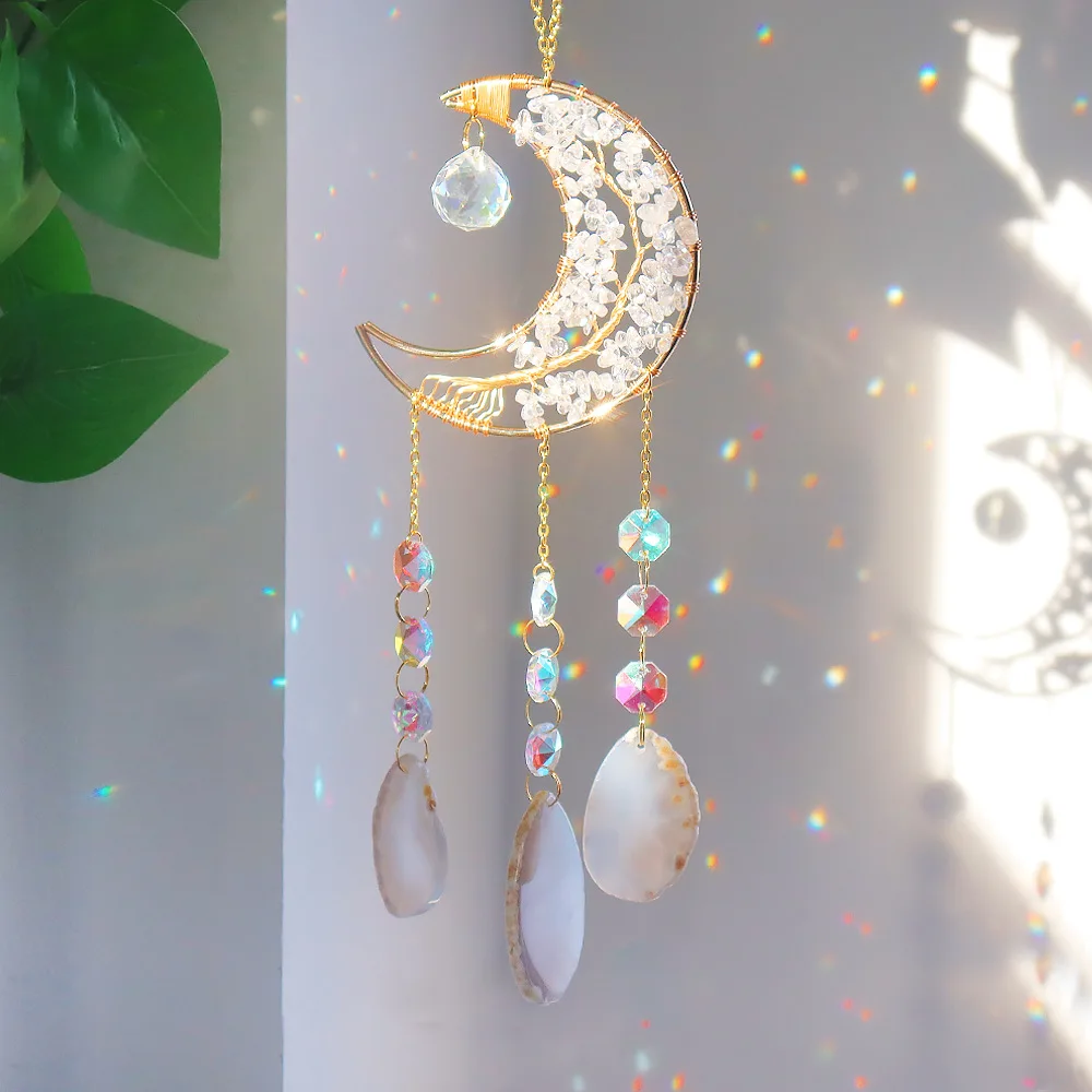 Custom Clear Quartz Chip Stone Tree of Life Crescent Moon Sun Catcher - Glass Pendants Hanging Ornament for Window Decor