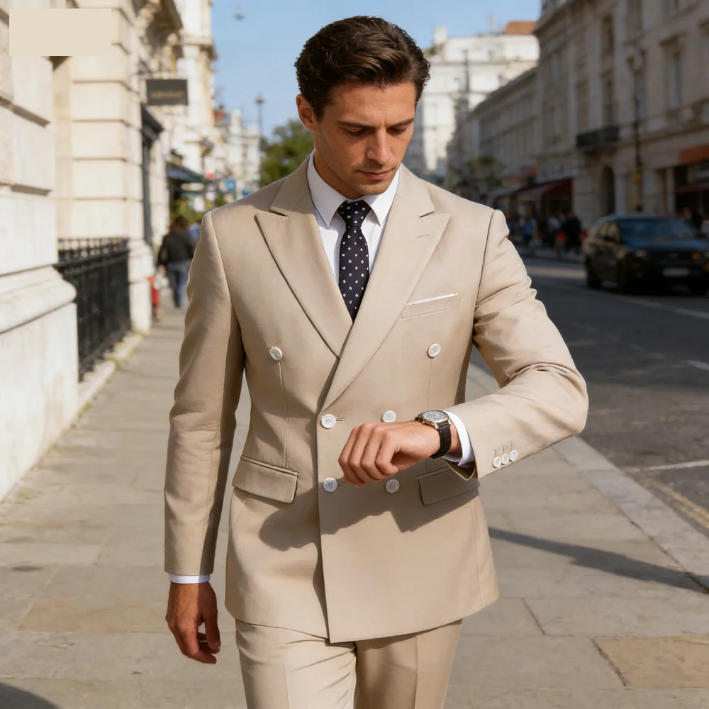 

Solid Man Double-breasted 2 Piece Outfit Set Peak Lapel Wedding Business Casual Stage Costume Graduation Suit