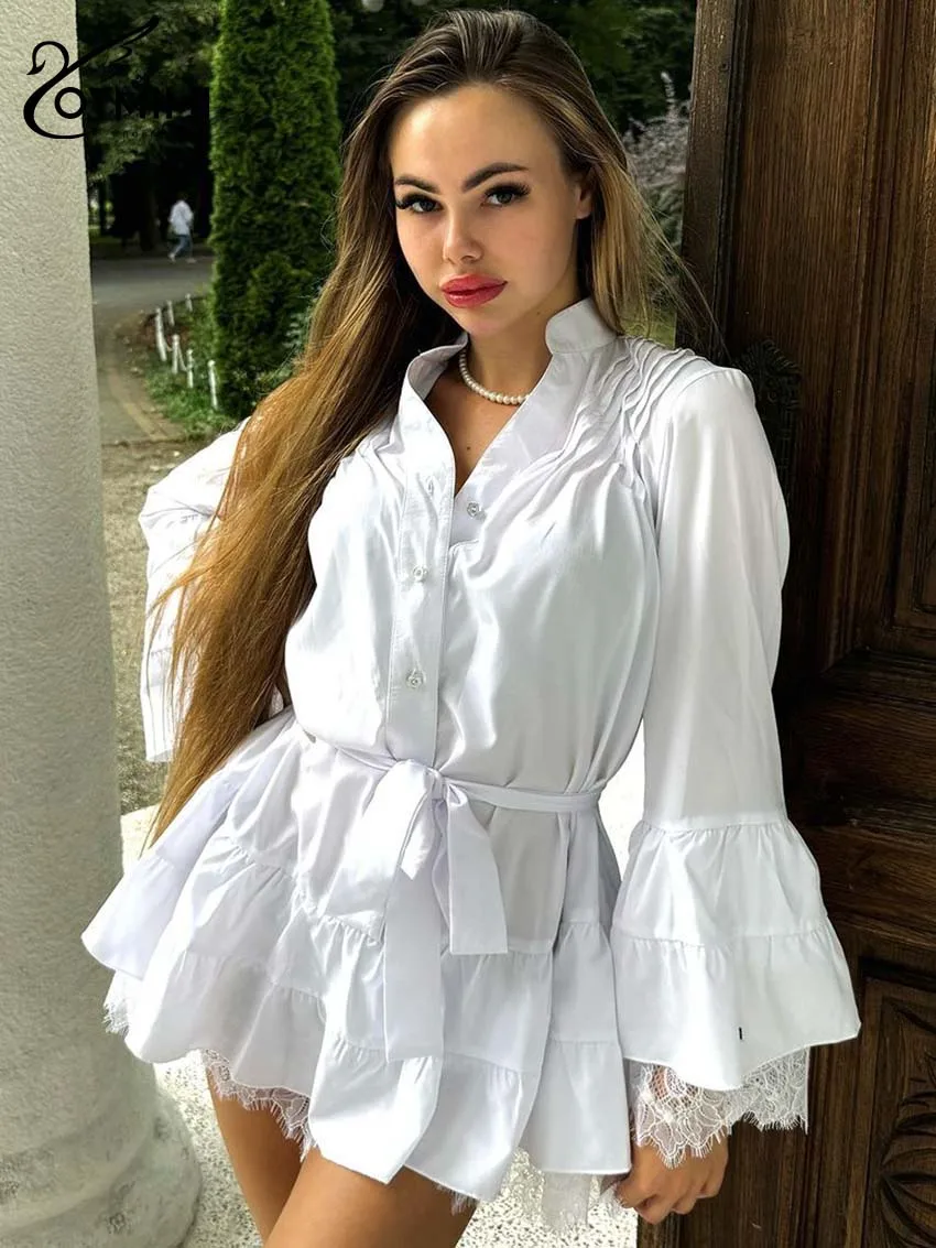 

Oymimi Casual White Cotton Dresses 2024 Women Fashion Lace Long Sleeve Button Dresses Elegant Lace-Up Pleated Mini Dress Female