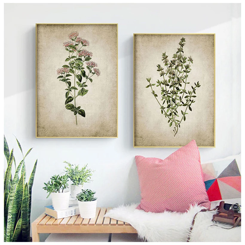 Vintage Herb Art Canvas Poster And Prints , Oregano Rosemary Sage Thyme Canvas Painting Retro Wall Pictures Home Art Wall Decor