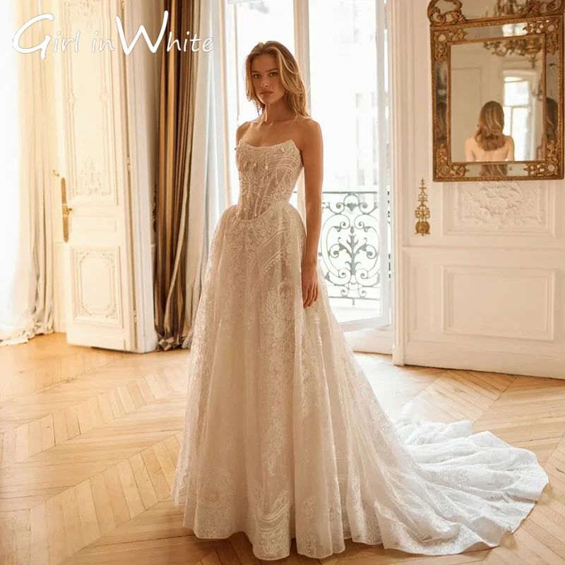 Bezaubernde A-Linie, schulterfrei, Spitzenapplikationen, Brautkleider, Vestidos de Novia, rückenfrei, bescheidenes Brautkleid 2025, individuell gestaltet