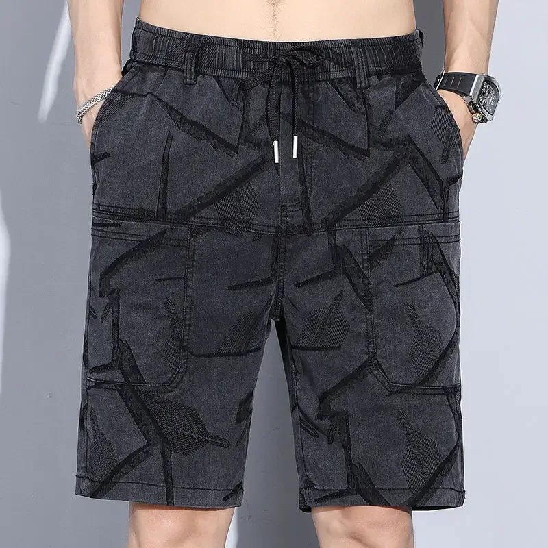 

Wide Men's Short Jeans Pants Male Denim Shorts Loose Drawstring Bermuda Half Long Gray Baggy with Pockets Rude Distressed Summer