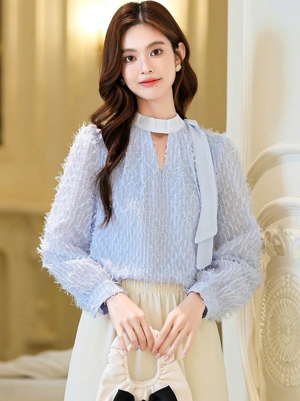 

Женская шифоновая блузка Ele Long Sve с длинными рукавами, весенняя модная модель, утягивающий эффект, высокое качество, полиэстер, дизайн с рукавами-фонариками и сетчатыми вставками