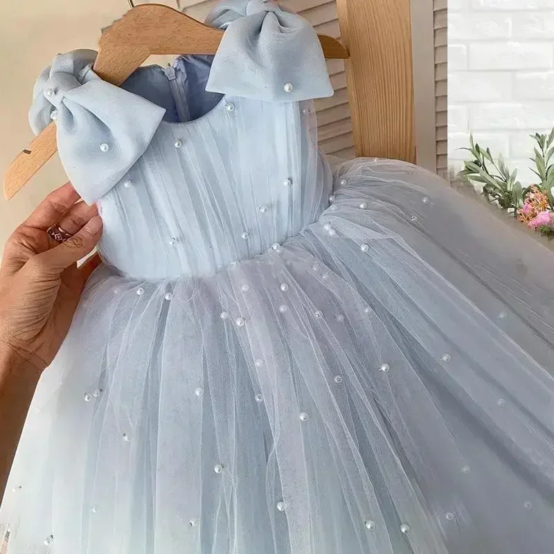 2024 princesa flor meninas vestido para casamento crianças rosa miçangas tule vestido de baile festa crianças vestidos cerimonia largo