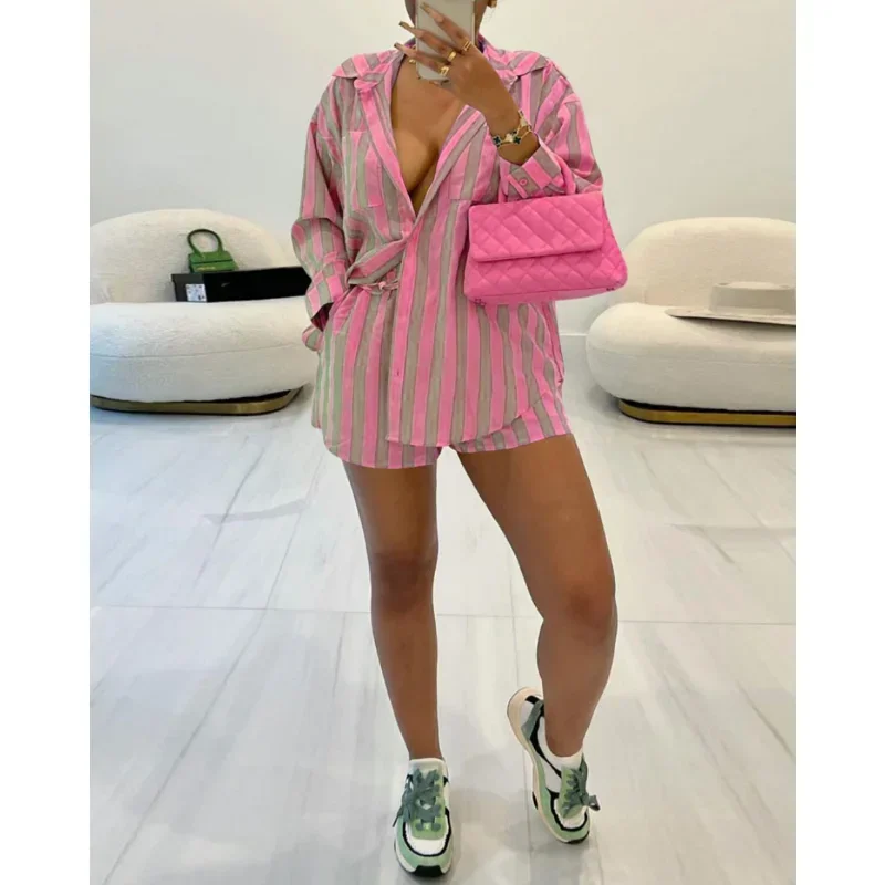 Two-Piece Suit Long Sleeve Tshirt Tops Fashion Shirt Top Women Summer Casual Short Pants Loose Printed Streetwear Shorts