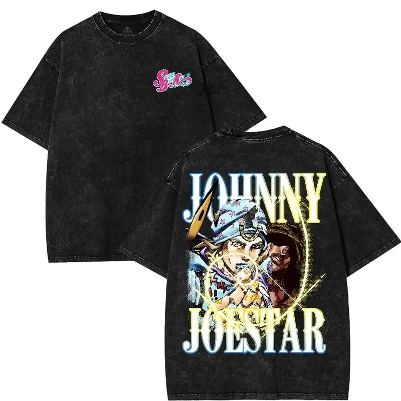 Camiseta Johnny Joestar JoJo's Bizarre Adventure para Roupas Masculinas, Camiseta Casual de Algodão Lavado, Manga Curta, T-shirt Solta