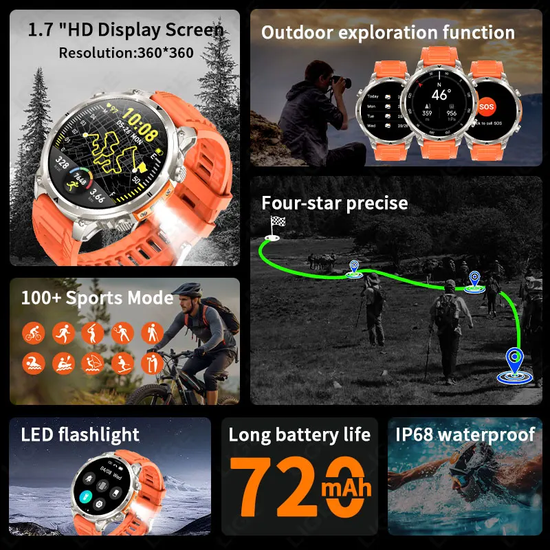 LIGE 2026 New GPS Smartwatch Man 720mAh Battery IP68 Waterproof Bluetooth Call 1.7