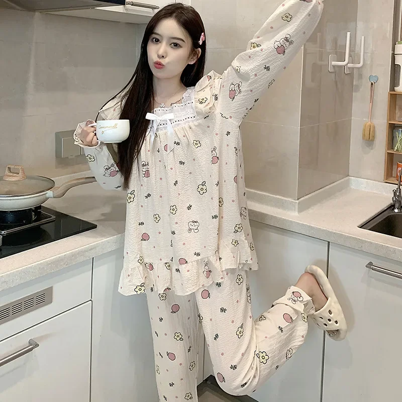 5XL Plus Size Women Korean Ins Sweet Pajama Outerwear Autumn Spring Long Sleeve Pullover Trousers Sleepwear Loose Home Clothes