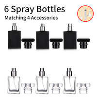 6Pcs+4 Accessories 30ml/1 oz Clear Black Refillable Perfume Bottle, Portable Square Empty Glass Perfume Mist Bottle.