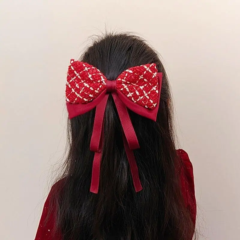 Fermaglio per capelli con fiocco scozzese rosso, fermaglio per capelli da donna, temperamento dolce, festa di Capodanno, copricapo da principessa, accessori per capelli alla moda, regali
