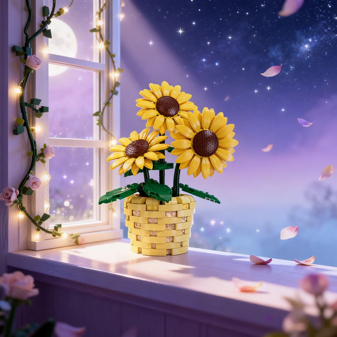 KNEW BUILT 3D Ewige Sonnenblume im Topf Baustein-Spielzeug – Entspannendes DIY-Puzzle für Erwachsene, Schreibtisch-Stressabbau/Festtagsgeschenk für Mädchen/Kinder
