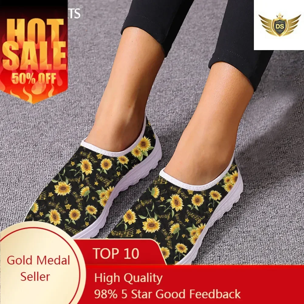 

Sunflower Black Prints Women's Casual Flats Lightweight Slip-on Mesh Shoes Comfortable Slip-on Tennis Shock Absorption Footwear