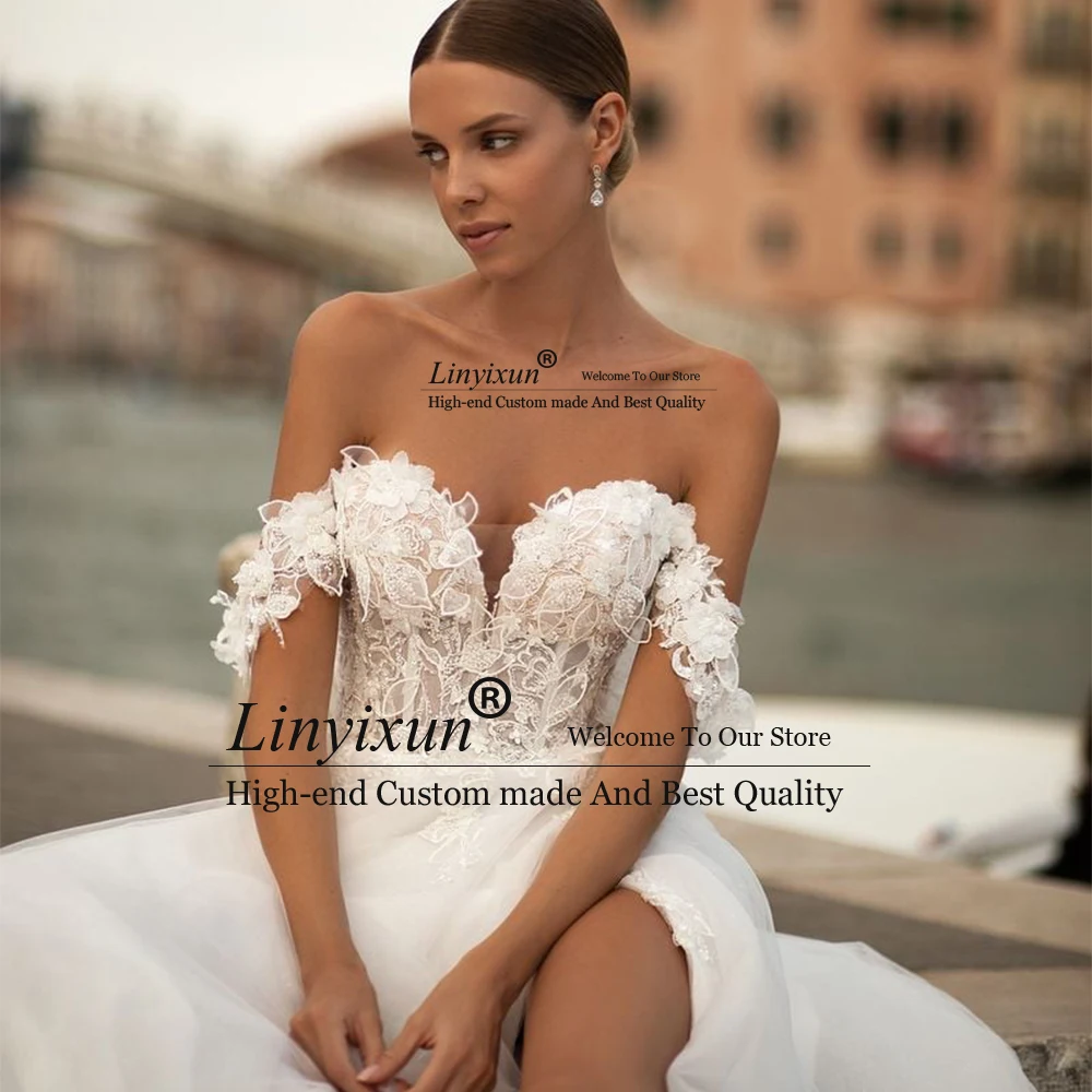 Vestidos de novia elegantes de encaje con apliques para mujer, vestidos de novia con espalda descubierta personalizados, corte en A, abertura lateral alta, vestidos de novia para boda