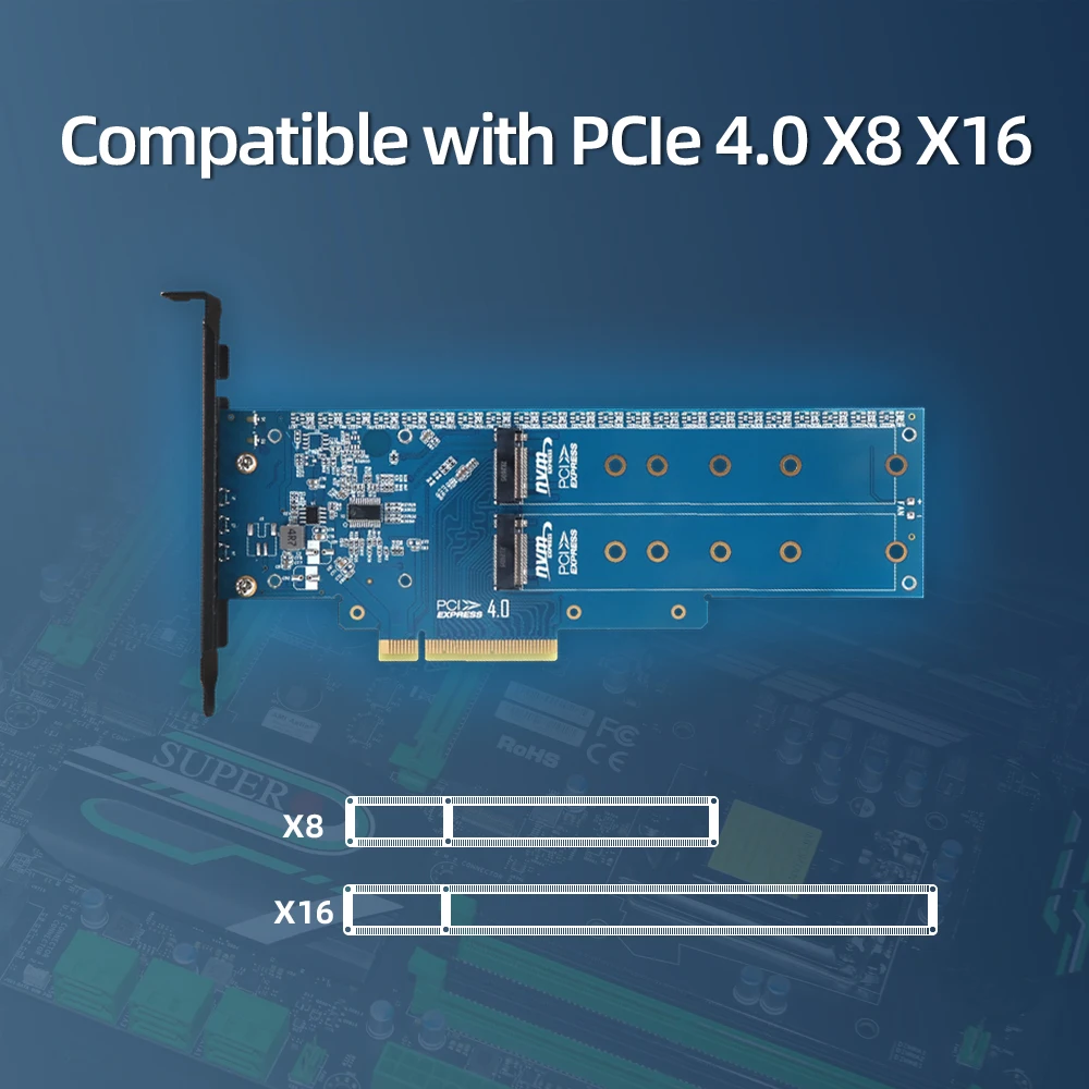 Dual NVMe PCIe Adapter, JEYI M.2 NVMe SSD to PCI-e 4.0 x8/x16 Card Support M.2 (M Key) NVMe SSD 22110/2280/2260/2242/2230