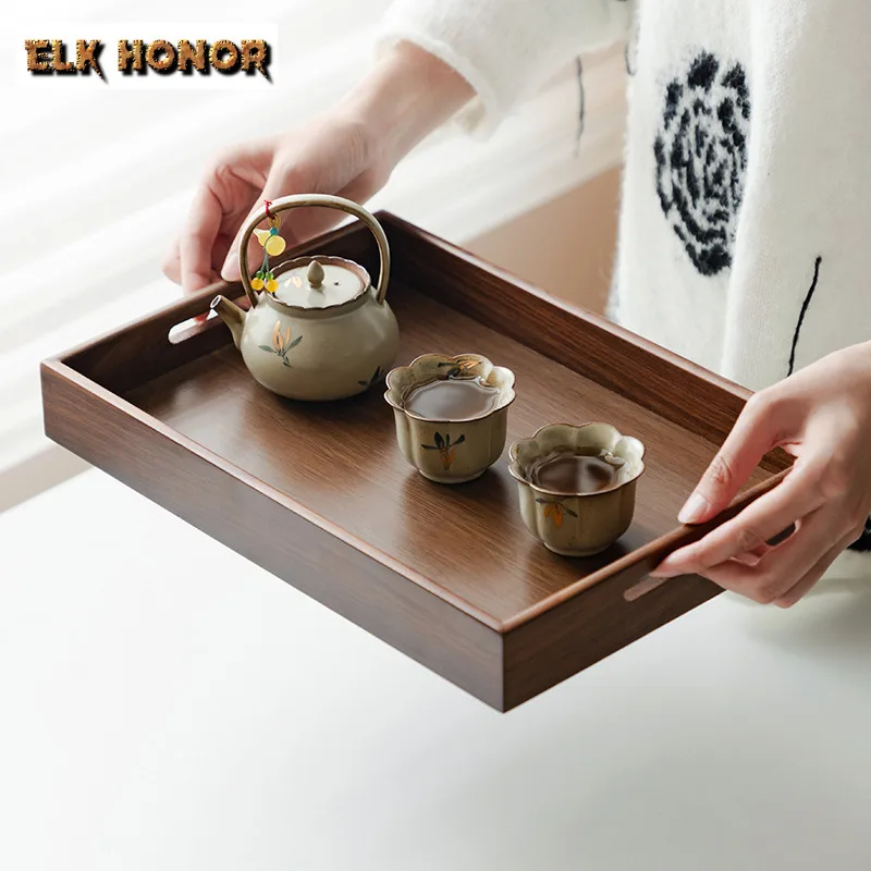 Walnut Wooden Serving Trays With Handle Rectangular Plate Nesting Multipurpose Trays For Tea Coffee Breakfast Table Centerpieces