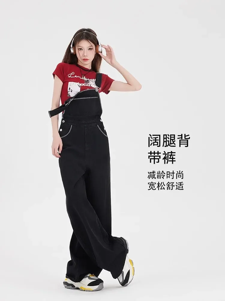 Women's Vintage Black Jumpsuits Denim Jumpsuit Y2k Harajuku Overalls Korean Streetwear High Waist Wide Jean Pants 90s Clothes