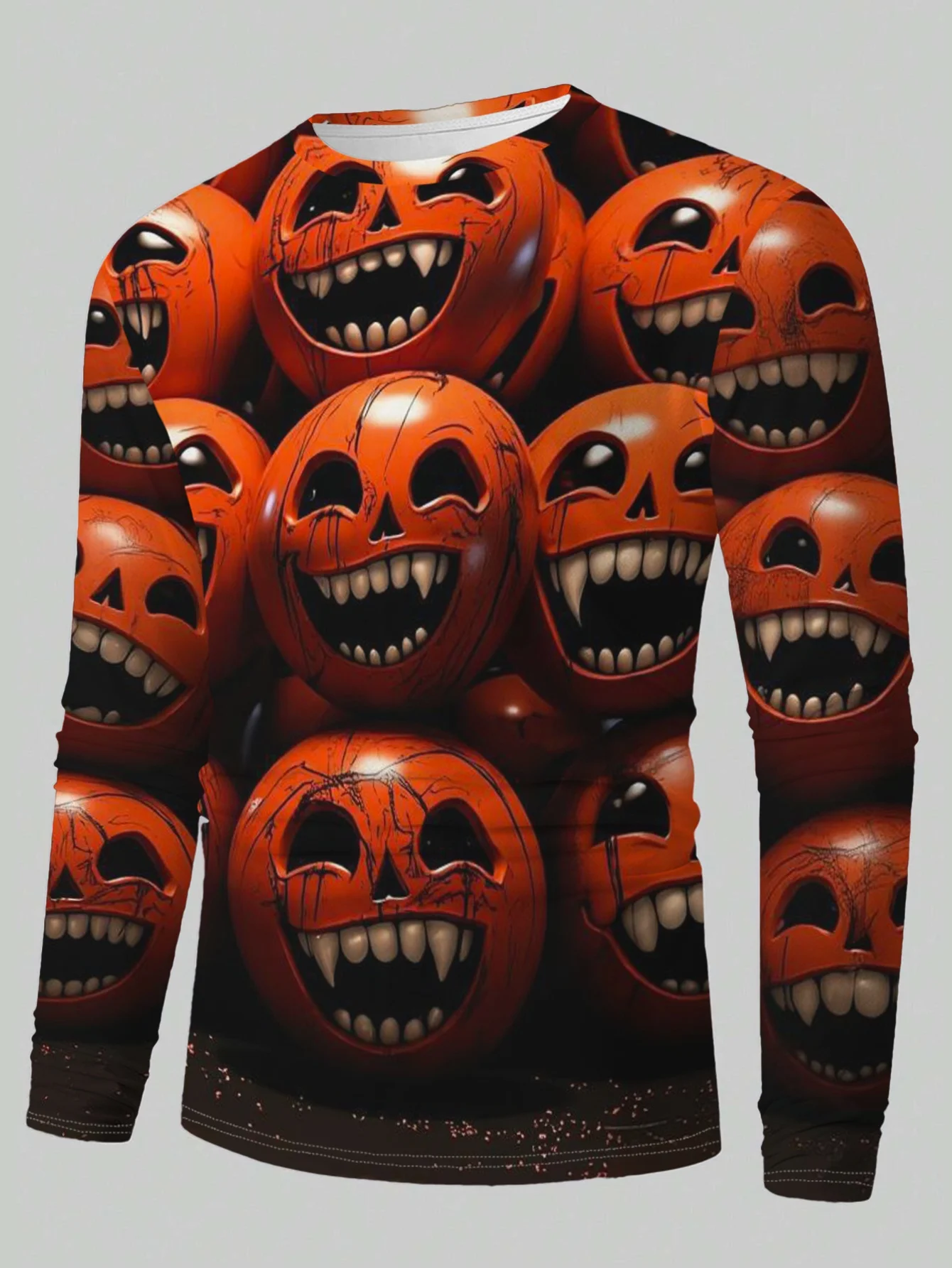 Men Long Sleeve T‑Shirt Halloween Scary Jack‑o‑Lantern All‑Over Print Crew Neck Horror Holiday Tops
