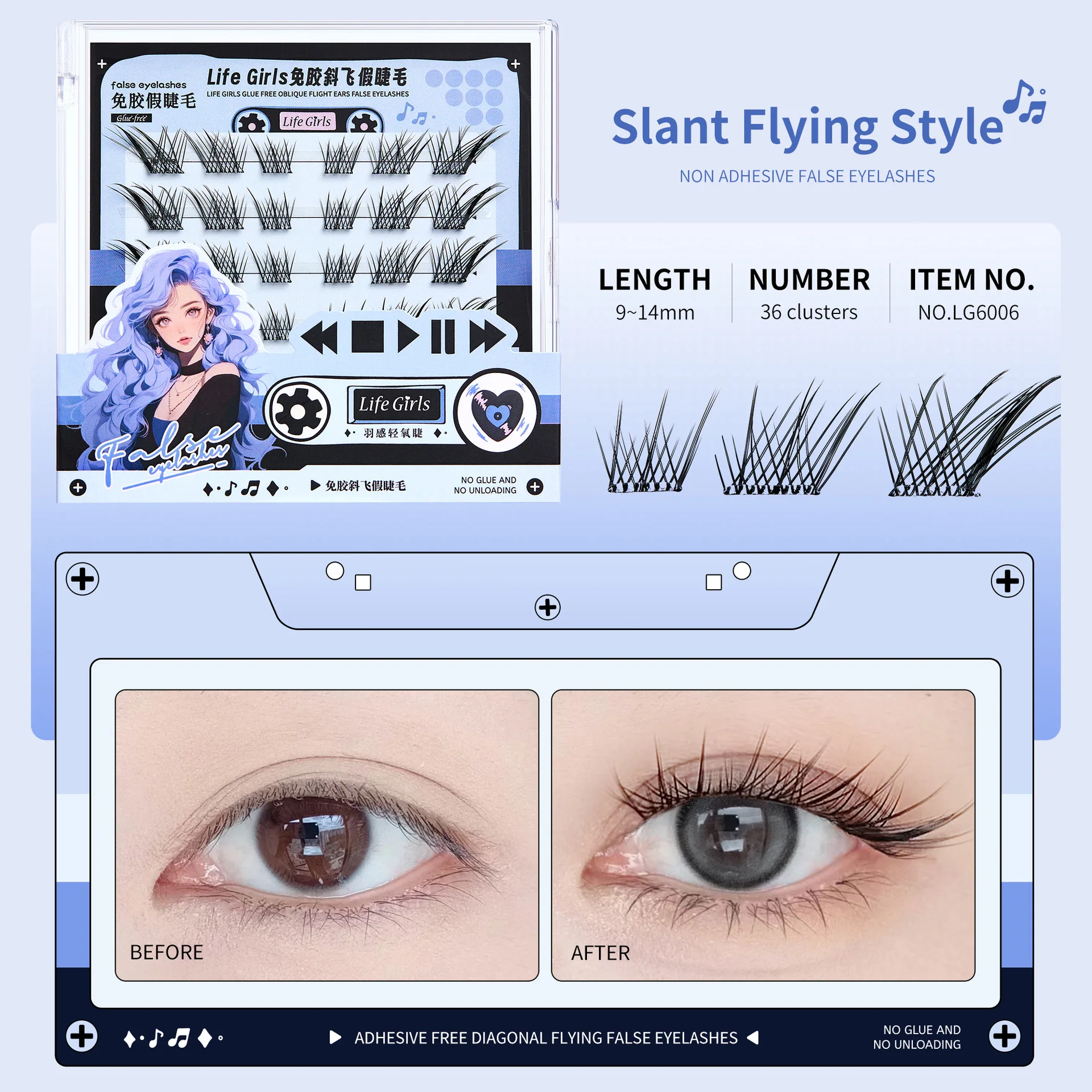 Kleberfreie, selbstklebende falsche Wimpern, geflügelte Fuchsaugen, Sonnenblumen, W-förmig, Anime, flauschig, wiederverwendbar, 3D-Volumenwimpern