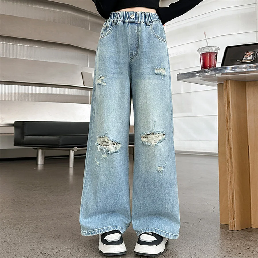 Tween Girls Ripped Jeans with Hole Kids Streetwear Broken Denim Pants Child Destroyed Jeans Trousers 5 6 7 8 9 10 11 12 13 14 Y