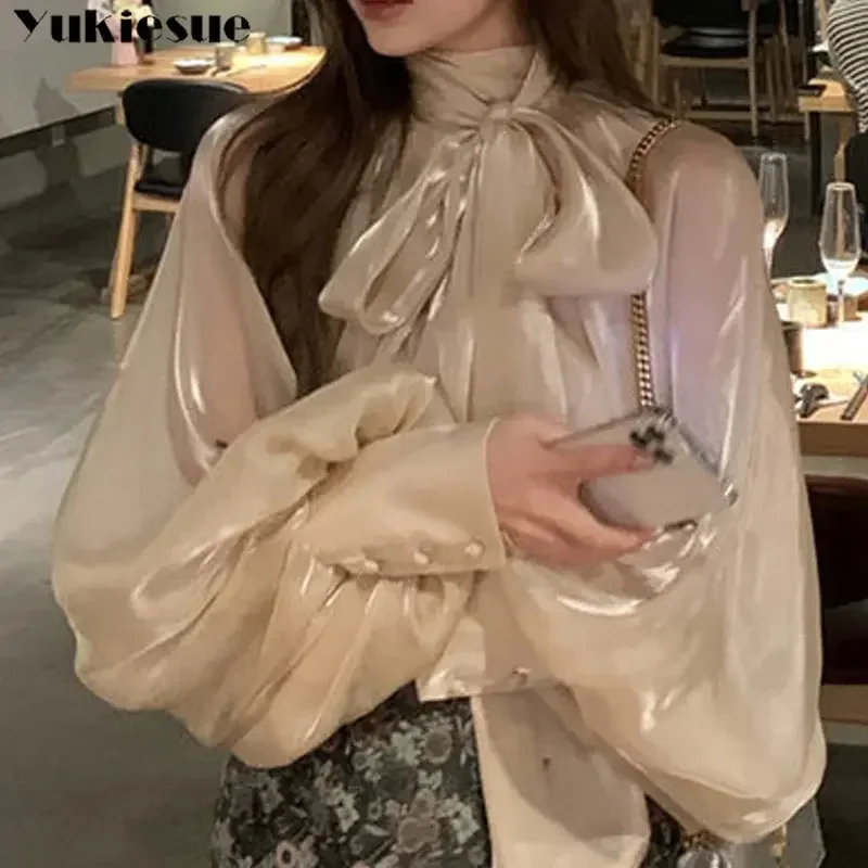 Spring Autumn Women Fashion Tops New Shirts Lantern Sleeve Stand Collar Solid Casual Vintage Elegant Temperament Long-Sleeved