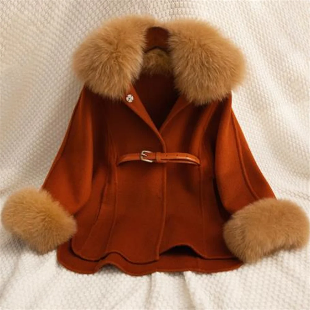 New Wool Double sided Cashmere Coat for Girls Children Belt Fox Hair Collar  Coat for Winter