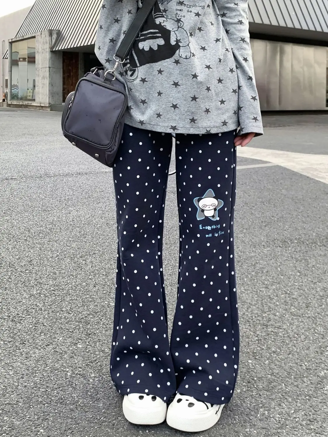 Y2k خمر 2000s البولكا نقطة سراويل تقليدية لطيف الكرتون الباندا طباعة مضيئة الكورية نمط لعوب الشارع موضة Harajuku فتاة شابة #3