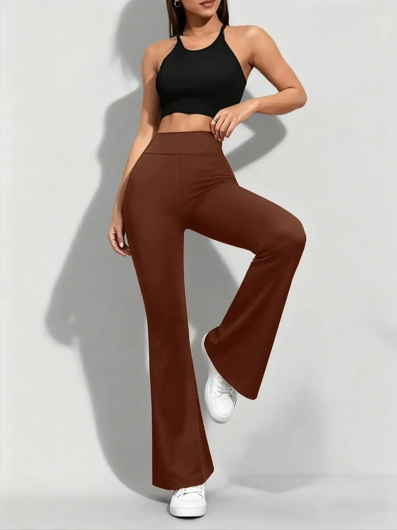 

Весенние женские коричневые брюки с высокой талией, расклешенные, с эффектом подтяжки ягодиц, эластичные, широкие штанины, винтажный стиль, для спортивного и повседневного образа