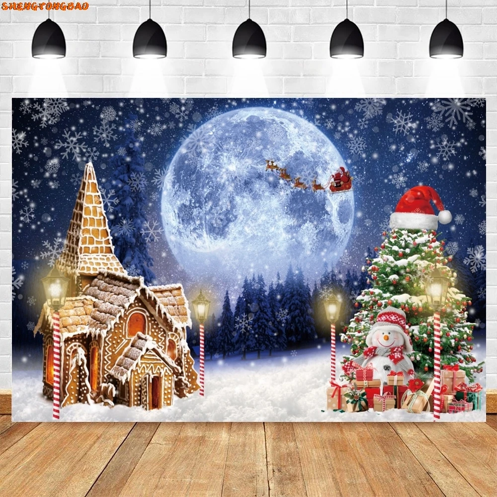 Рождественский зимний фон Снежная страна чудес Сказочный лес Рождественская елка Подарок Луна Снеговик Семейная вечеринка Фон для фотосъемки