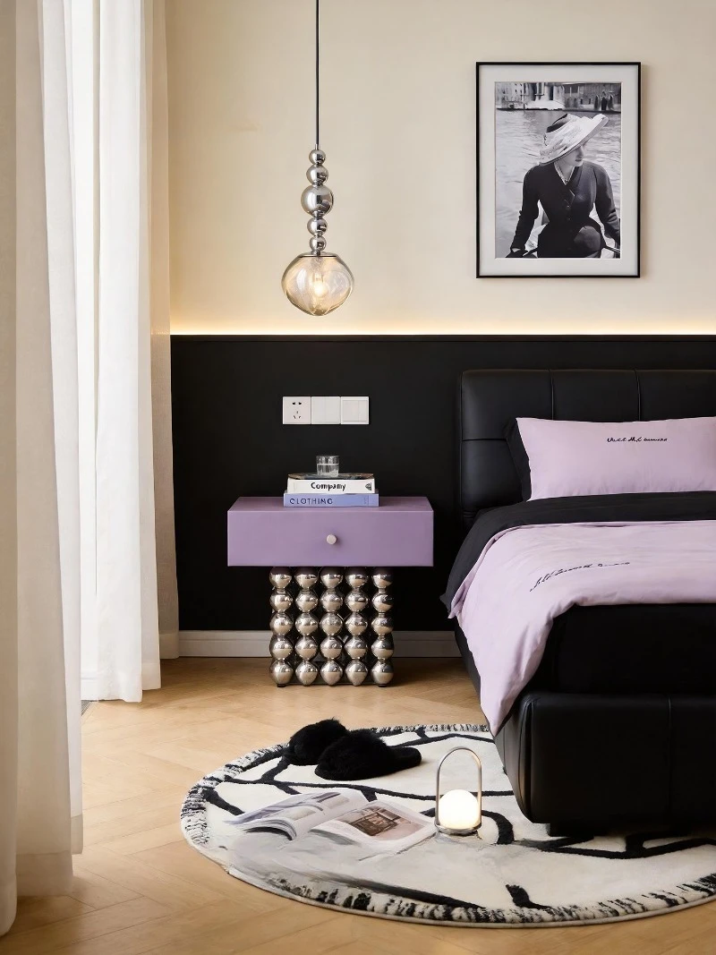 Minimalist style creative bedroom purple bedside table belongs to steel ball base decoration living room solid wood side cabinet