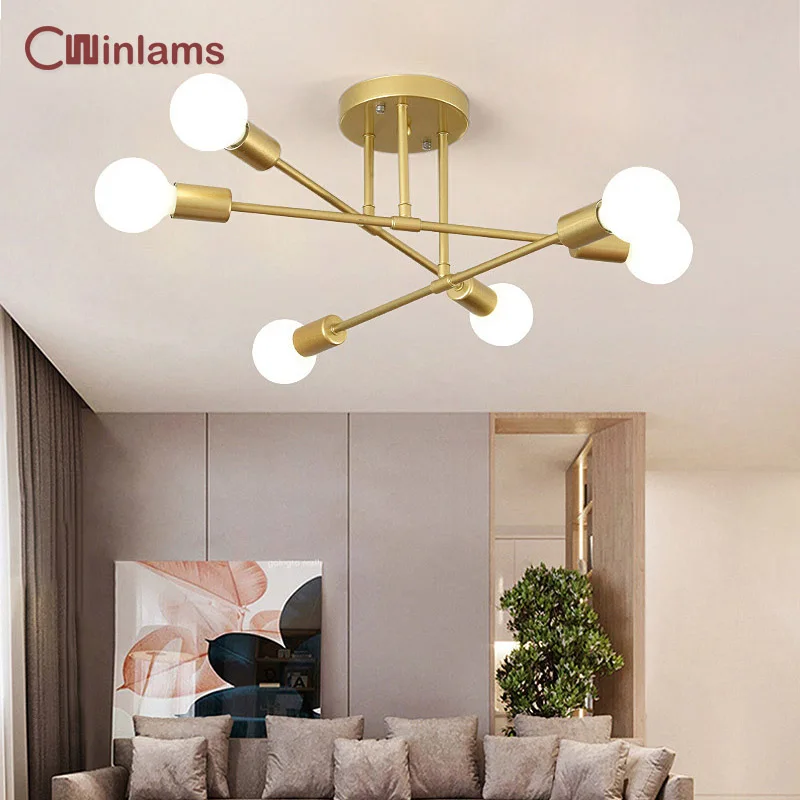 

Modern Sputnik Chandelier Semi Flush Mount Ceiling Lamp Mid Century Current 6 Light Fixtures Black White Gold Living IndoorLight