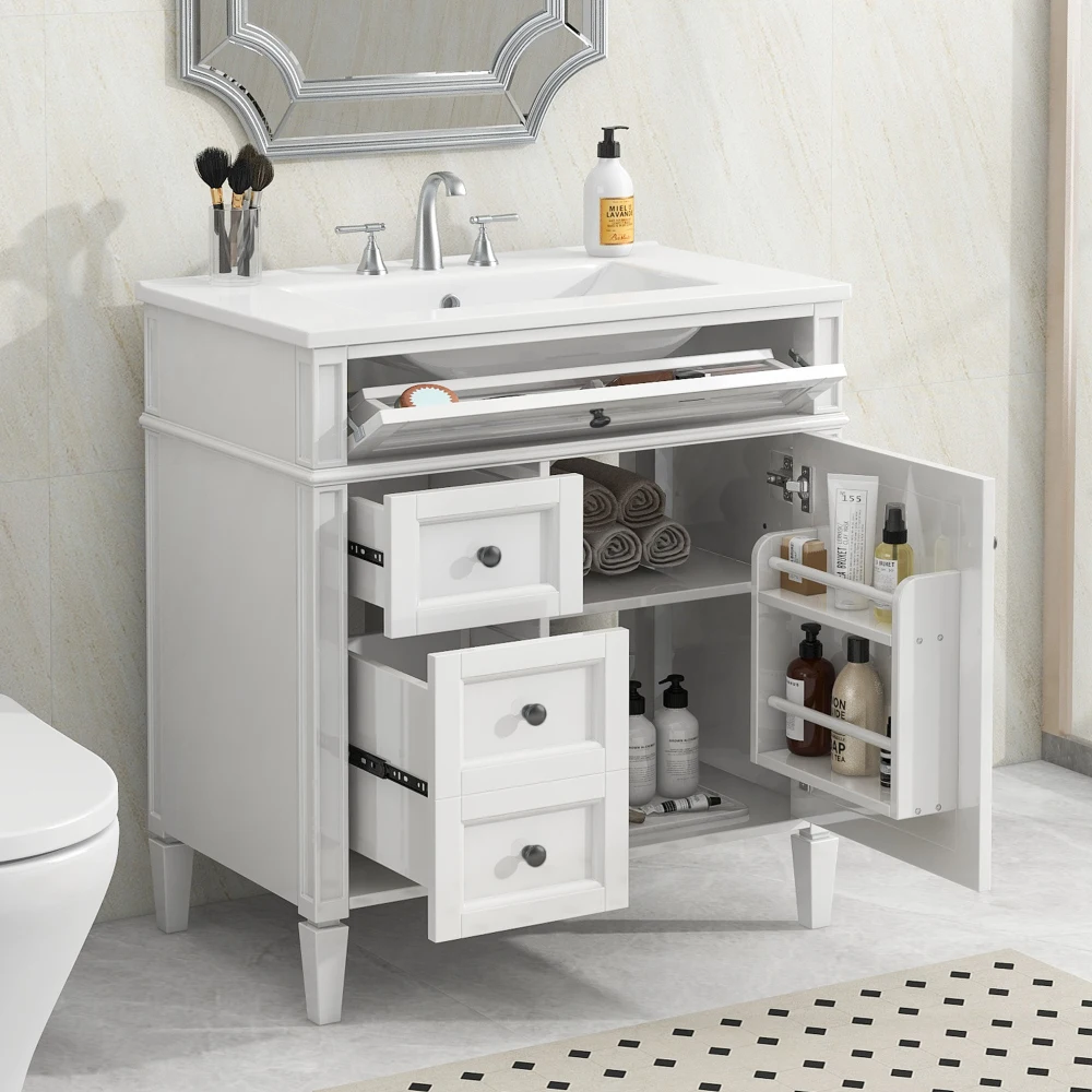 

30'' Modern Bathroom Vanity: Top Sink, Storage (2 Drawers & Tip-out Drawer), Single Sink