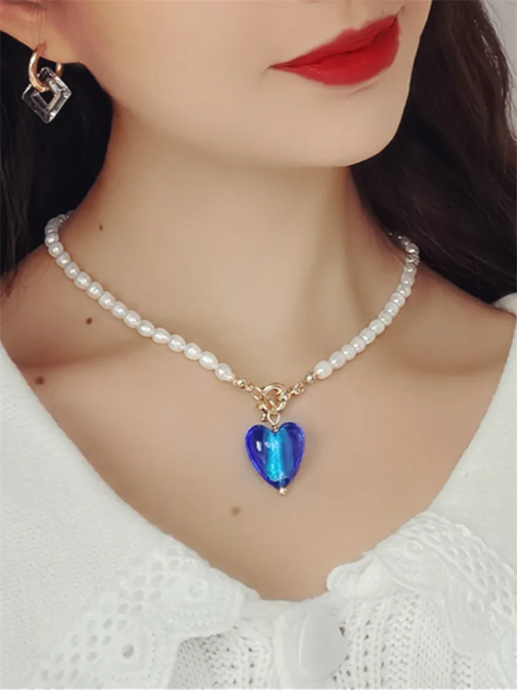 Kshmir 2021 Vintage baroque fresh water pearl pink/blue/glass heart pendant collarbone short necklace new girls jewelry gift