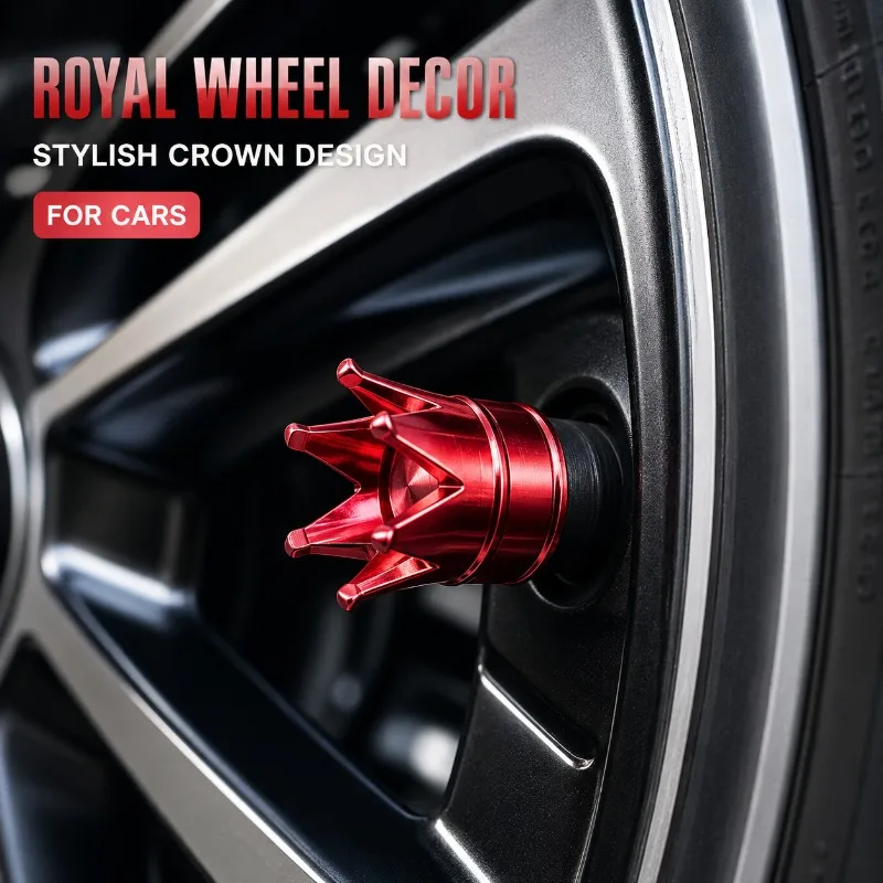 4PCS Aluminum Alloy Crown Tire Valve Caps, Red 8V1 Schrader Air Stem Covers for Cars SUVs Motorcycles Bicycles Wheel Accessories