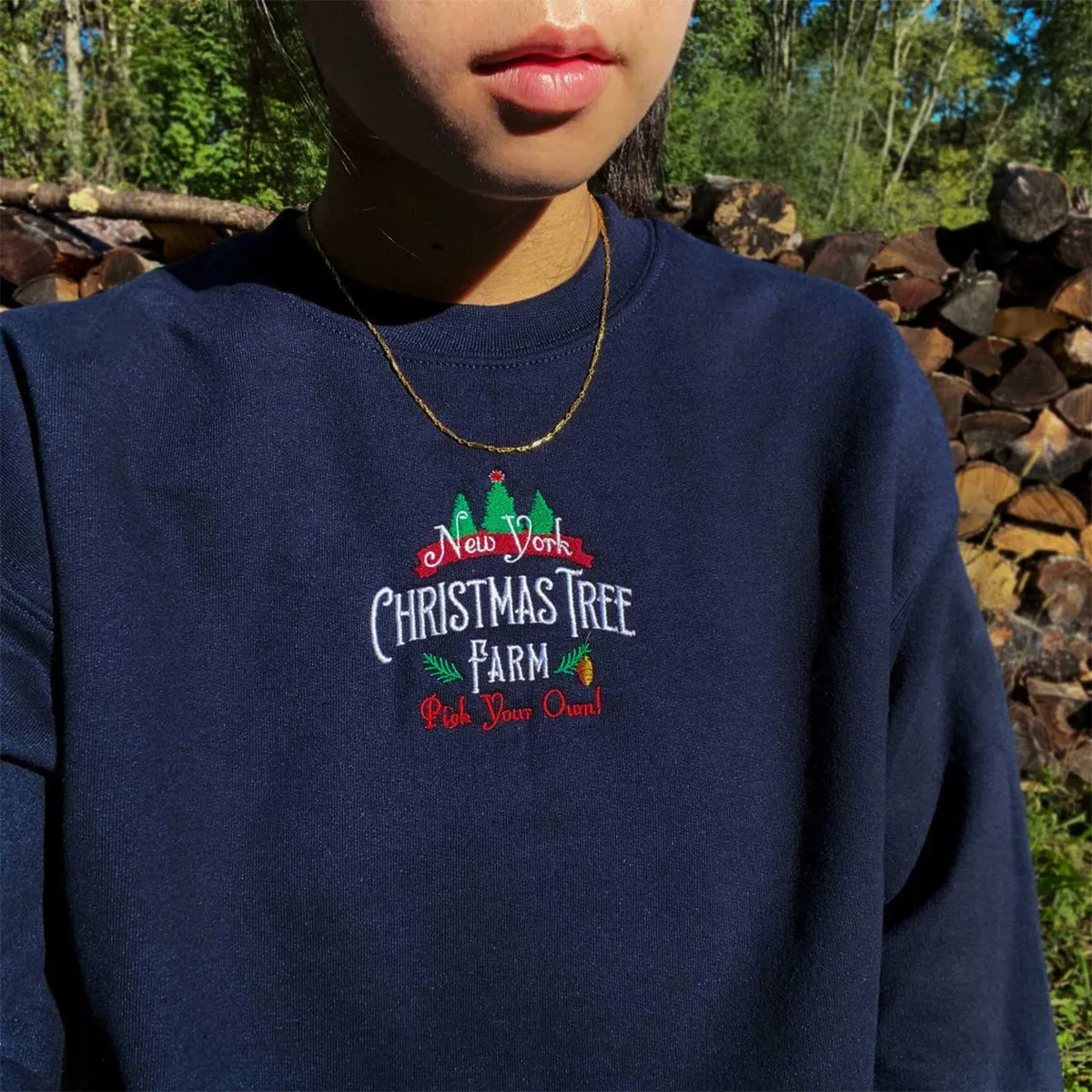 Christmas Tree Farm Embroidered Crewneck Sweatshirts Women Loose Cotton Thick Fleece Warm Pullover Vintage Christmas Sweatshirt