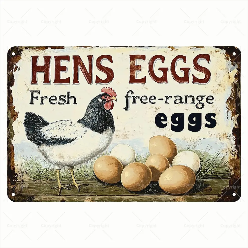 Panneau en métal vintage - Œufs de poule frais de poules élevées en plein air - Scène de ferme rustique - Panneau en métal rétro - Panneau en métal inspirant pour la ferme