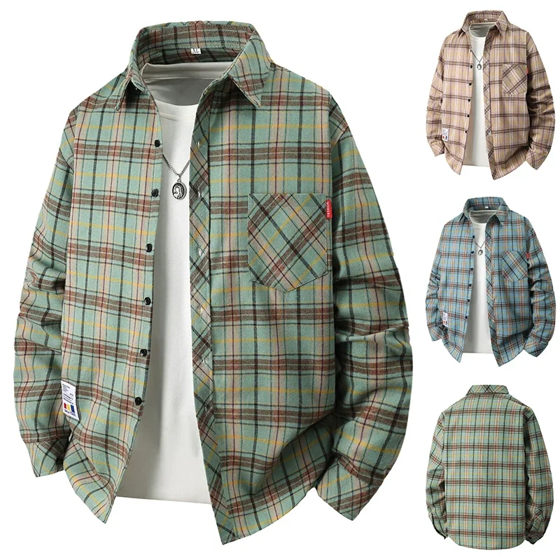 Vintage checkered shirt for men turn down collar single pocket lightweight fabric daily commute layered outer blouse