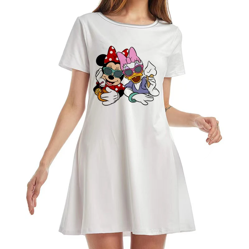 Summer New Streetwear Disney Winnie the Pooh and Minnie Mouse Cartoon Pleated Loose Print Short Sleeve Knee Length Casual Dress